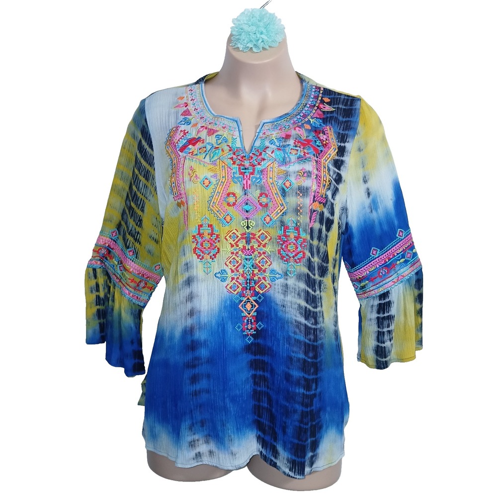 Calessa Embroidered Women Tunic Top L Blue Yellow Tie Dye Hippie Colorful Bell